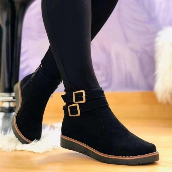 Women Fashion Round Toe Platform Suede Buckle Side Zip Short Boots
