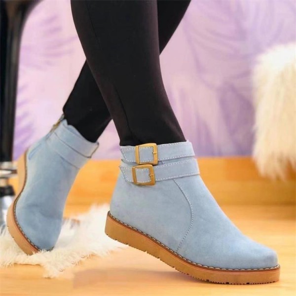 Women Fashion Round Toe Platform Suede Buckle Side Zip Short Boots
