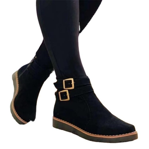 Women Fashion Round Toe Platform Suede Buckle Side Zip Short Boots