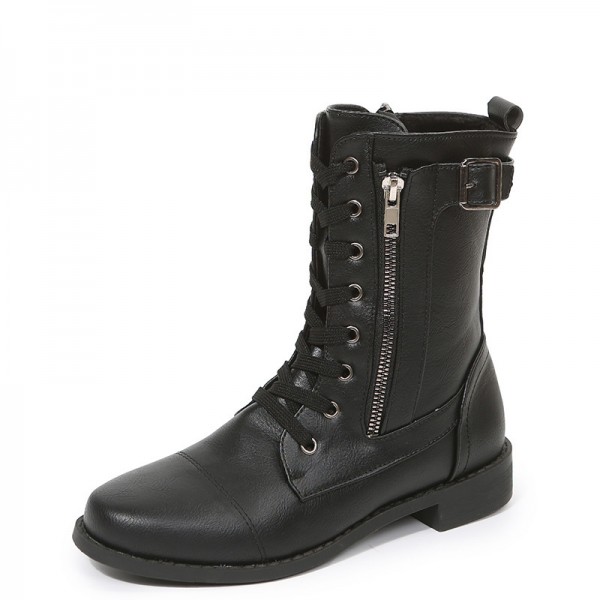 Women Casual Plus Size Strap Side Zipper Round Toe Mid-Calf Boots