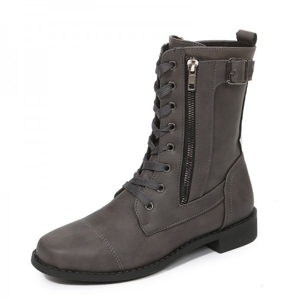 Women Casual Plus Size Strap Side Zipper Round Toe Mid-Calf Boots