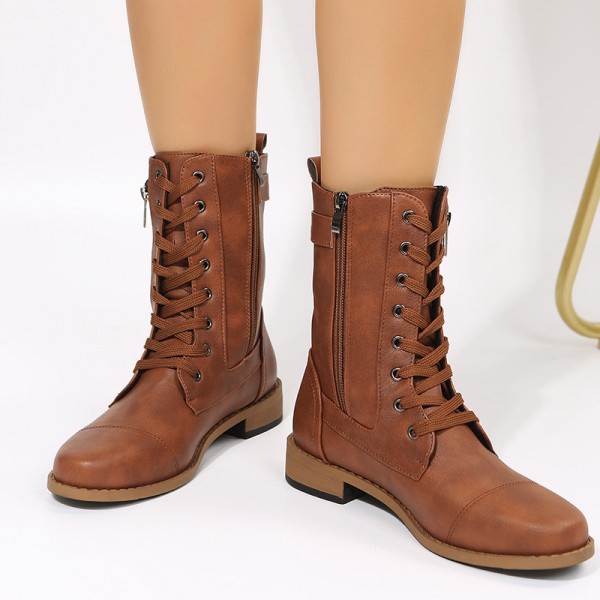 Women Casual Plus Size Strap Side Zipper Round Toe Mid-Calf Boots