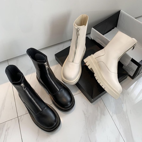 Women Retro British Style Round Toe Thick-Soled Front Zipper Mid-Calf Boots